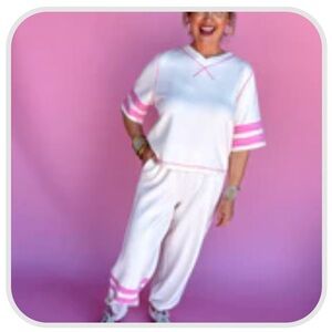 White and Pink Striped sleeve Lounge Set from Jincy’s